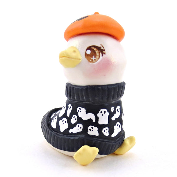 Ghostie Sweater Goose with a Jack O' Lantern Beret Figurine - Polymer Clay Animals Fall and Halloween Collection