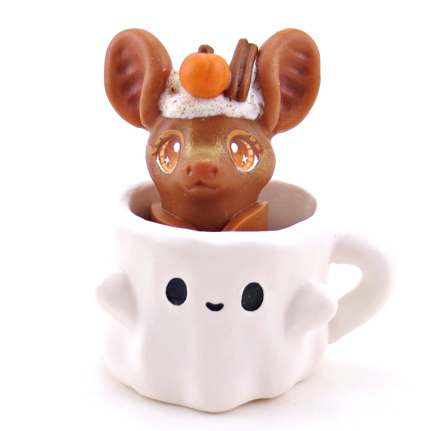 Pumpkin Spice Latte Bat in a Ghostie Mug Figurine Set - Polymer Clay Animals Fall and Halloween Collection