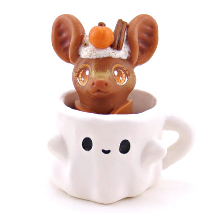 Pumpkin Spice Latte Bat in a Ghostie Mug Figurine Set - Polymer Clay Animals Fall and Halloween Collection