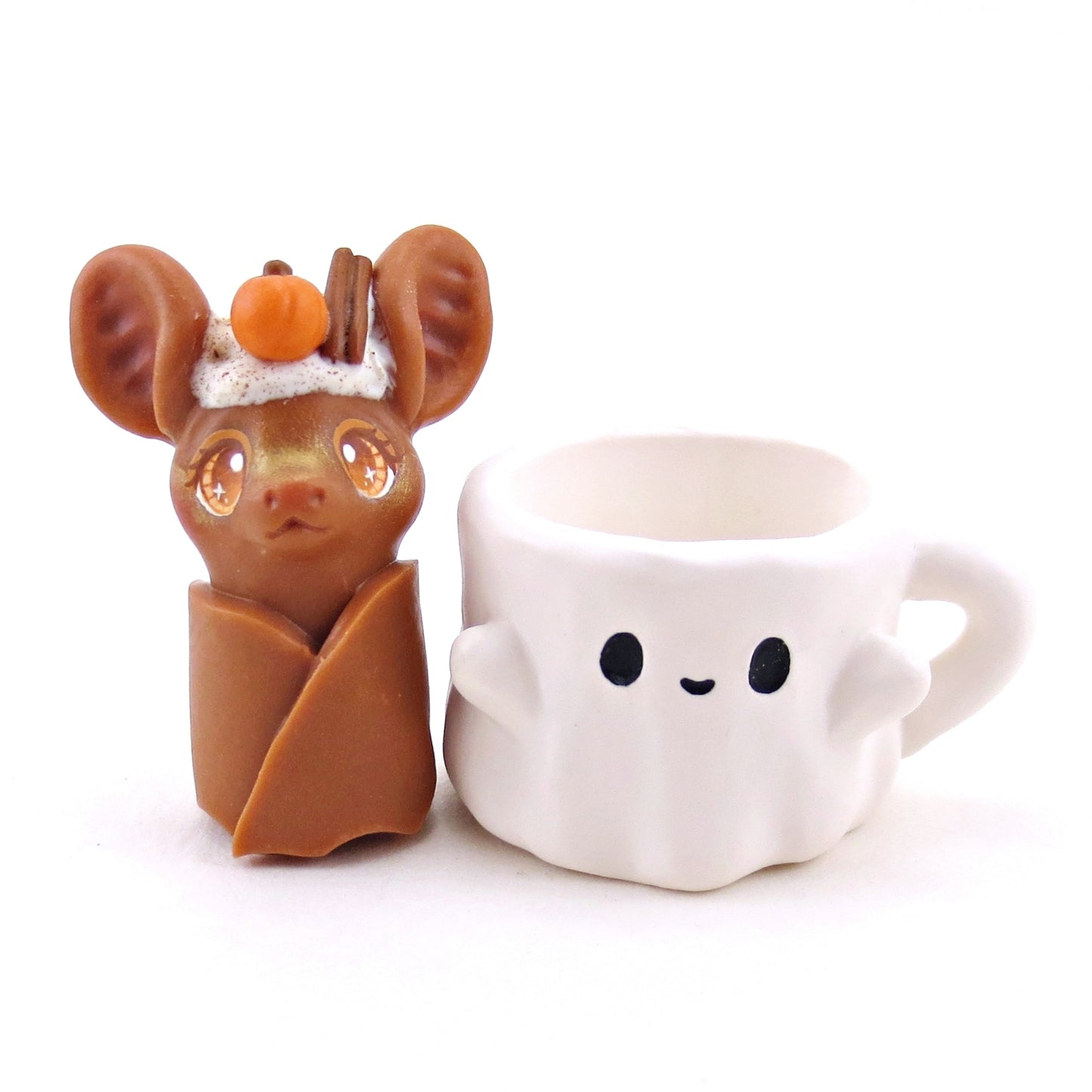 Pumpkin Spice Latte Bat in a Ghostie Mug Figurine Set - Polymer Clay Animals Fall and Halloween Collection