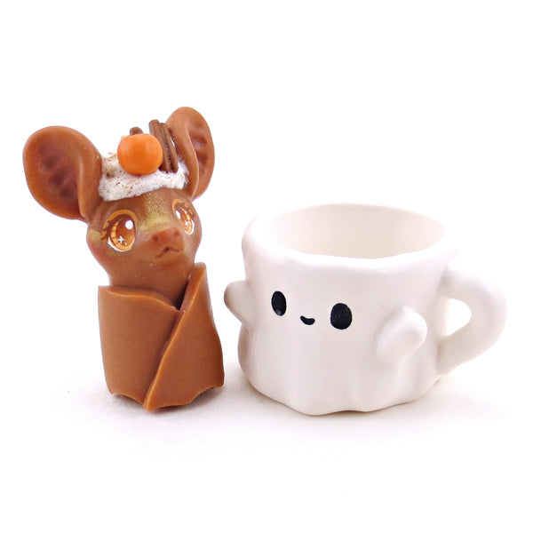 Pumpkin Spice Latte Bat in a Ghostie Mug Figurine Set - Polymer Clay Animals Fall and Halloween Collection
