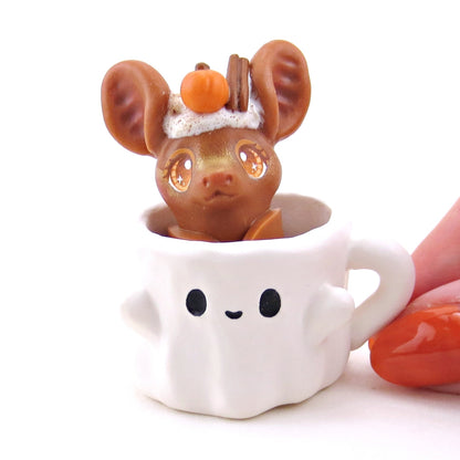 Pumpkin Spice Latte Bat in a Ghostie Mug Figurine Set - Polymer Clay Animals Fall and Halloween Collection