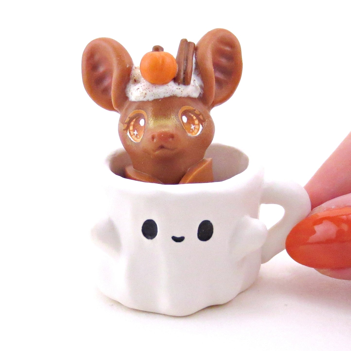 Pumpkin Spice Latte Bat in a Ghostie Mug Figurine Set - Polymer Clay Animals Fall and Halloween Collection