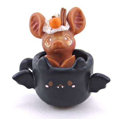 Pumpkin Spice Latte Bat in a Bat Mug Figurine Set - Polymer Clay Animals Fall and Halloween Collection