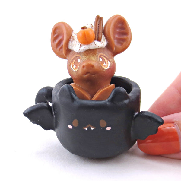 Pumpkin Spice Latte Bat in a Bat Mug Figurine Set - Polymer Clay Animals Fall and Halloween Collection