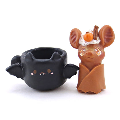 Pumpkin Spice Latte Bat in a Bat Mug Figurine Set - Polymer Clay Animals Fall and Halloween Collection