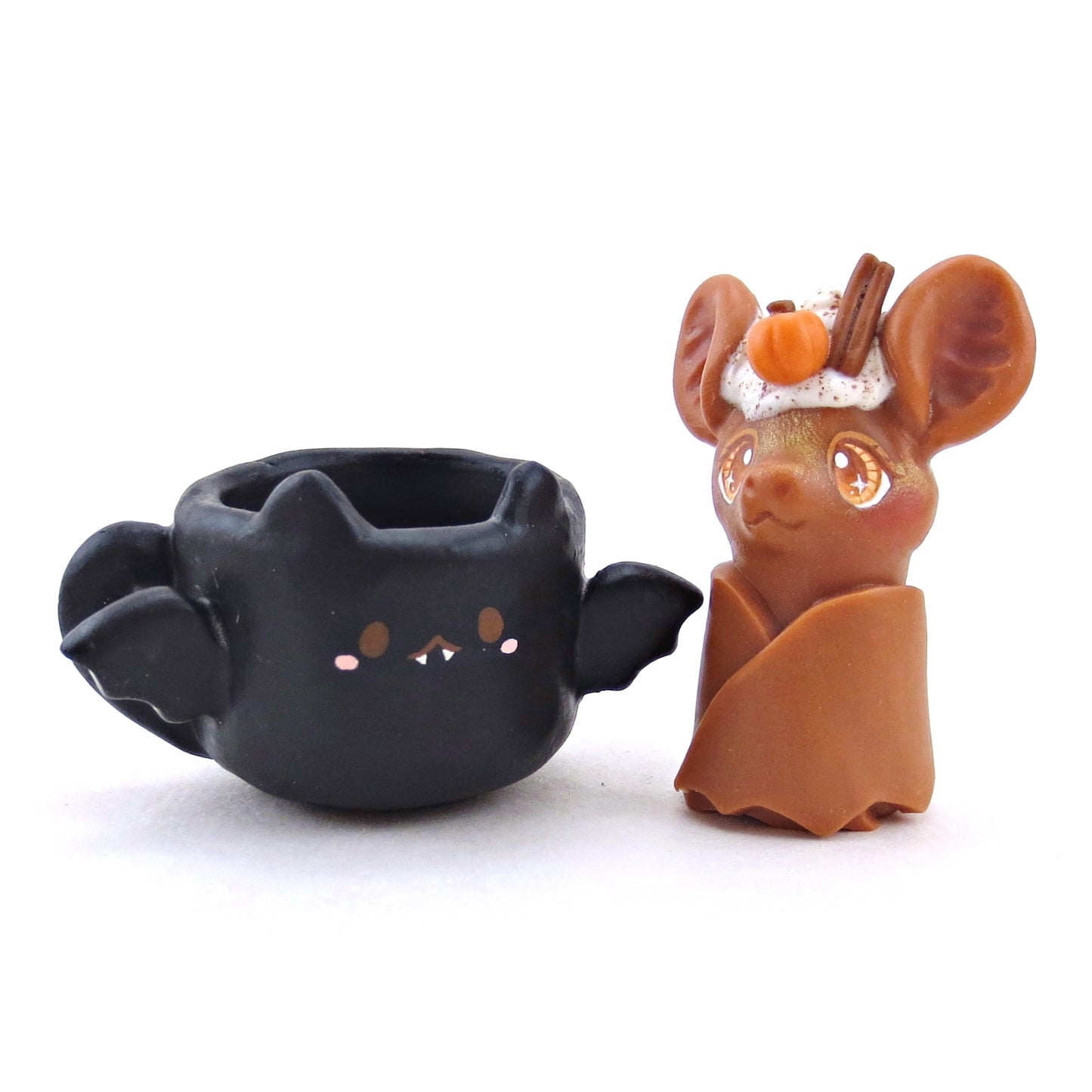 Pumpkin Spice Latte Bat in a Bat Mug Figurine Set - Polymer Clay Animals Fall and Halloween Collection