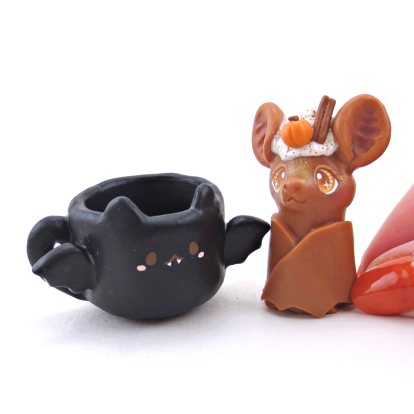 Pumpkin Spice Latte Bat in a Bat Mug Figurine Set - Polymer Clay Animals Fall and Halloween Collection