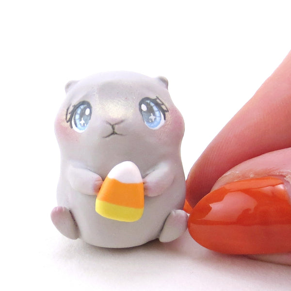 Grey Candy Corn Hamster Figurine - Polymer Clay Animals Fall and Halloween Collection