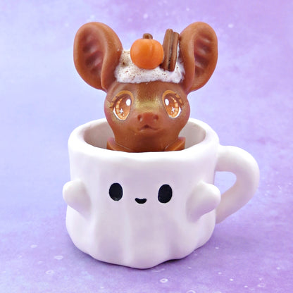 Pumpkin Spice Latte Bat in a Ghostie Mug Figurine Set - Polymer Clay Animals Fall and Halloween Collection