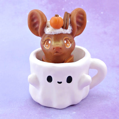 Pumpkin Spice Latte Bat in a Ghostie Mug Figurine Set - Polymer Clay Animals Fall and Halloween Collection