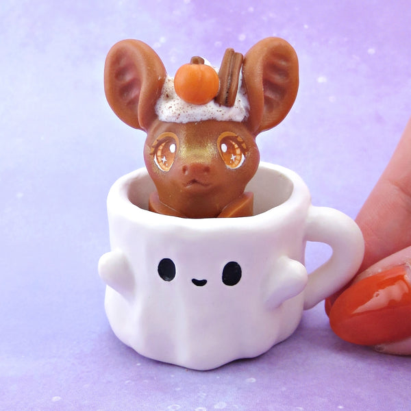 Pumpkin Spice Latte Bat in a Ghostie Mug Figurine Set - Polymer Clay Animals Fall and Halloween Collection