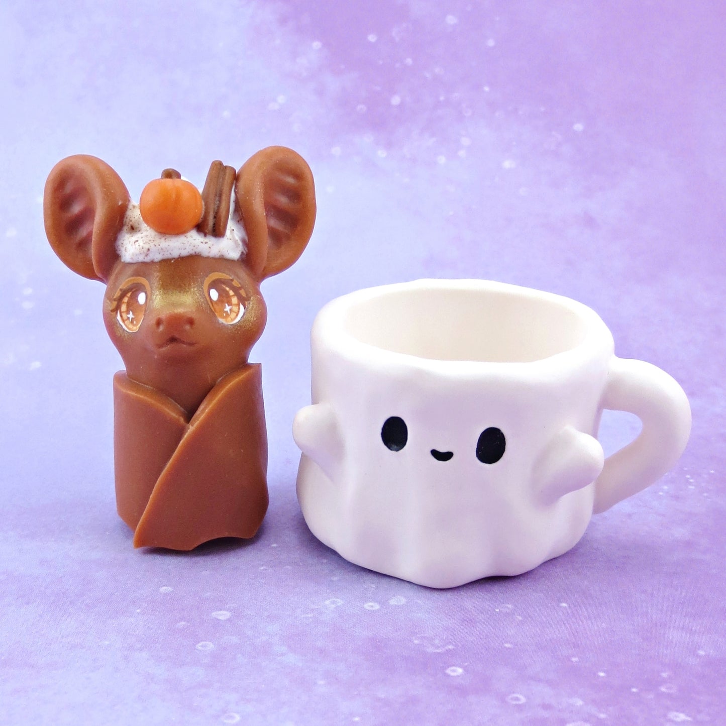 Pumpkin Spice Latte Bat in a Ghostie Mug Figurine Set - Polymer Clay Animals Fall and Halloween Collection