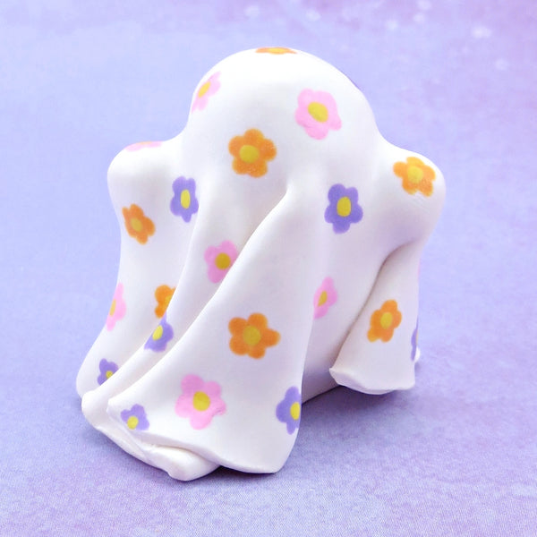 "Pastel Halloween" Floral Ghostie Figurine - Polymer Clay Animals Fall and Halloween Collection