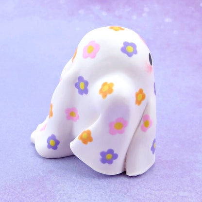 "Pastel Halloween" Floral Ghostie Figurine - Polymer Clay Animals Fall and Halloween Collection