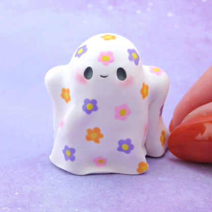 "Pastel Halloween" Floral Ghostie Figurine - Polymer Clay Animals Fall and Halloween Collection