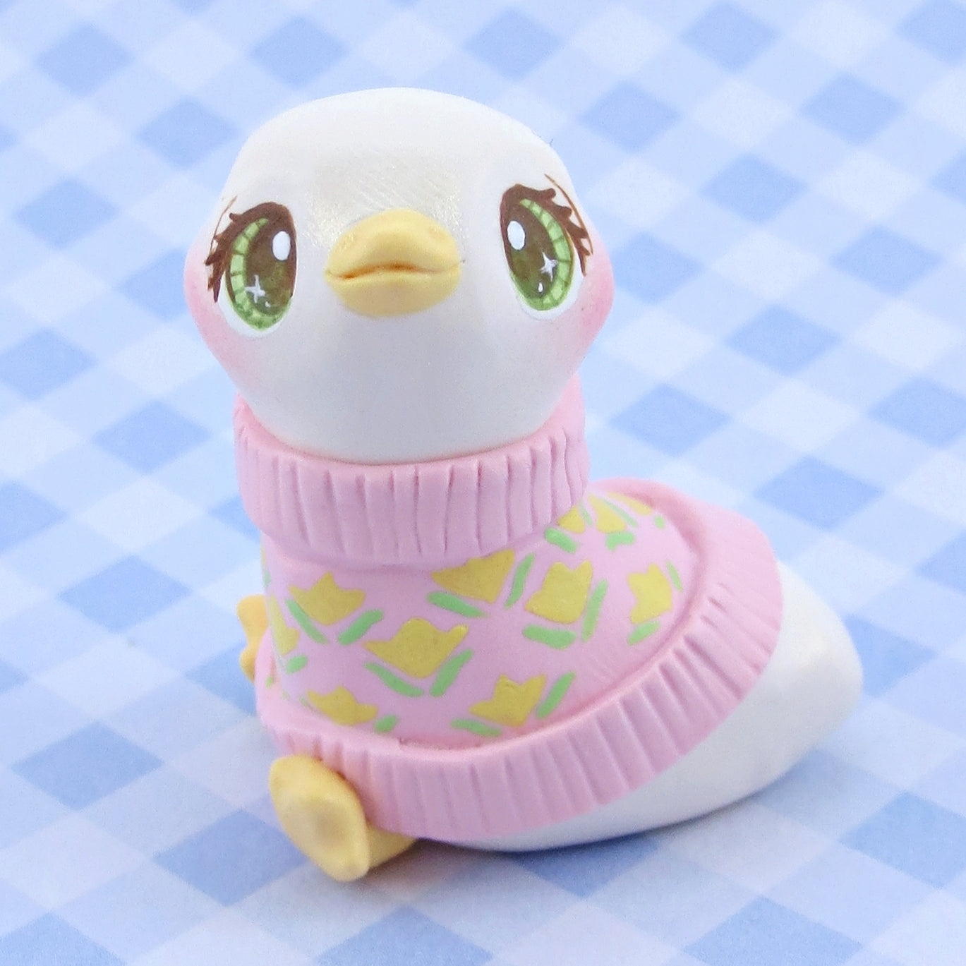 Goose in a Pink Floral Sweater Figurine - Polymer Clay Spring Animal Collection