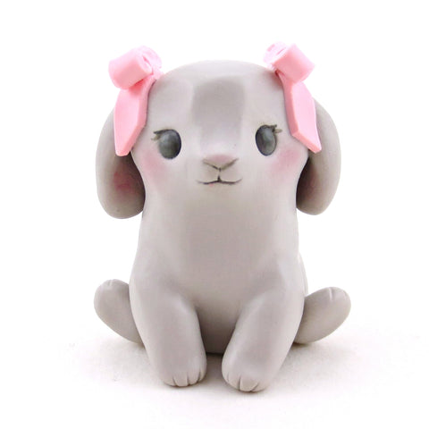 Little Grey Bunny with Pink Bows Figurine - Polymer Clay Spring Collection