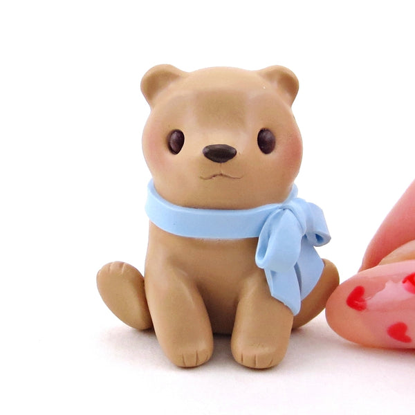 Little Brown Bear with Blue Bow Figurine - Polymer Clay Spring Collection