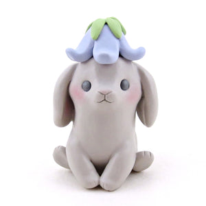 Little Grey Bunny in a Bluebell Flower Hat Figurine - Polymer Clay Spring Collection