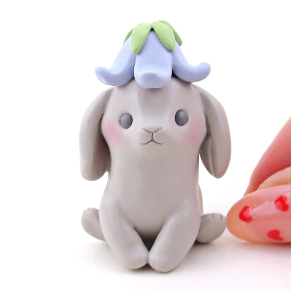 Little Grey Bunny in a Bluebell Flower Hat Figurine - Polymer Clay Spring Collection