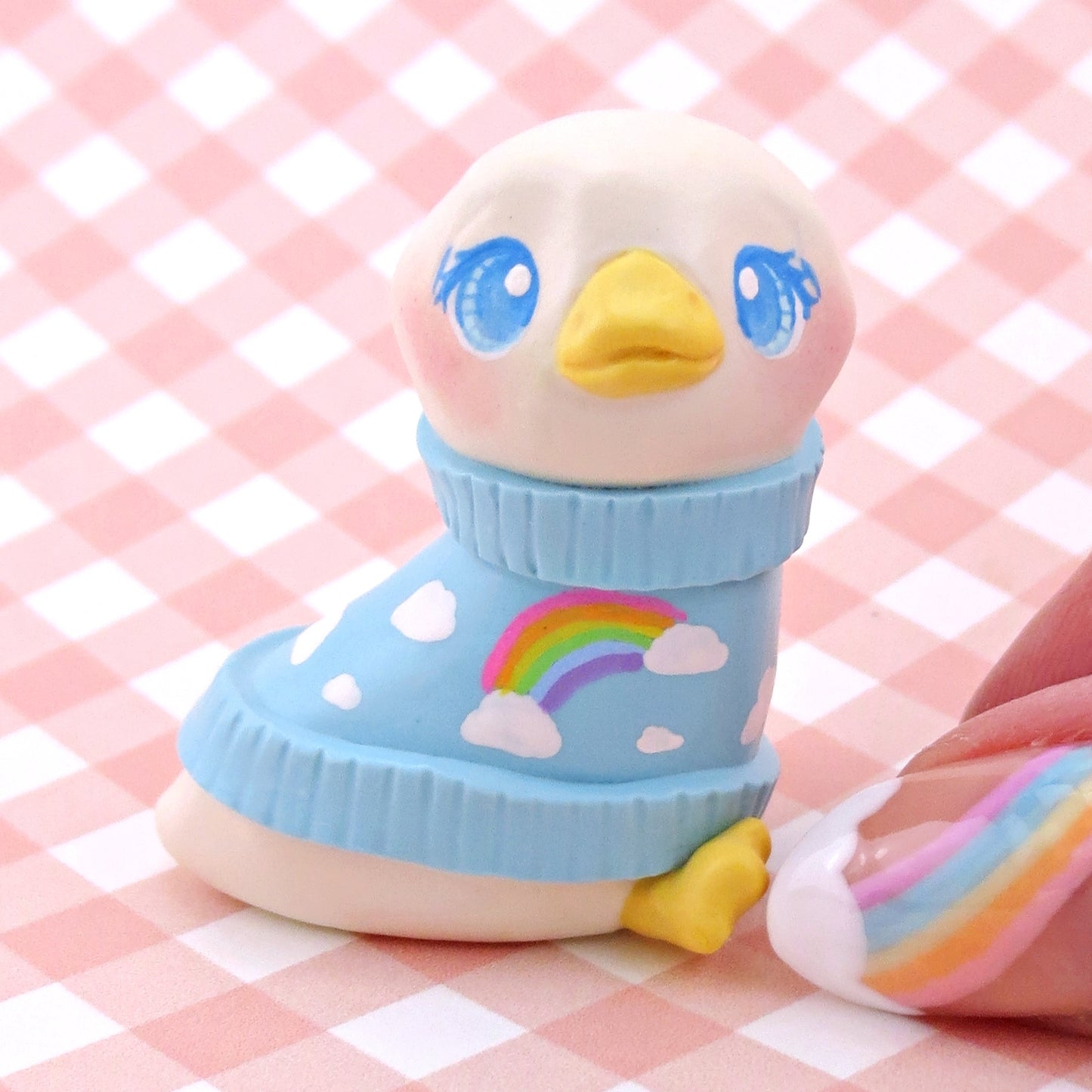 Goose in a Cloud and Rainbow Sweater Figurine - Polymer Clay Spring Collection