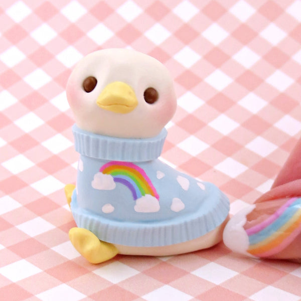 Maisie the Goose in a Cloud and Rainbow Sweater Figurine - Polymer Clay Spring Collection
