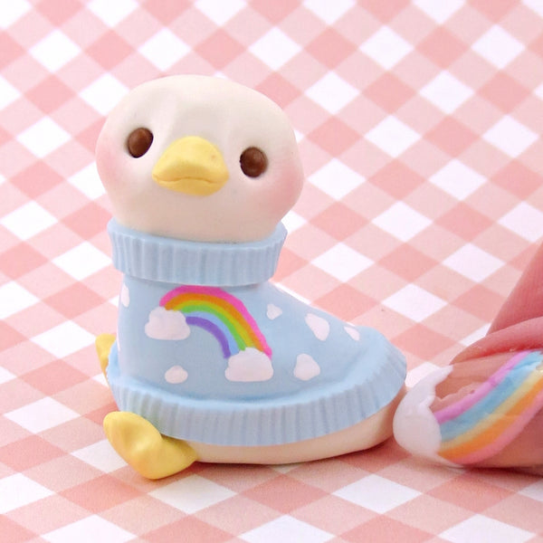 Maisie the Goose in a Cloud and Rainbow Sweater Figurine - Polymer Clay Spring Collection