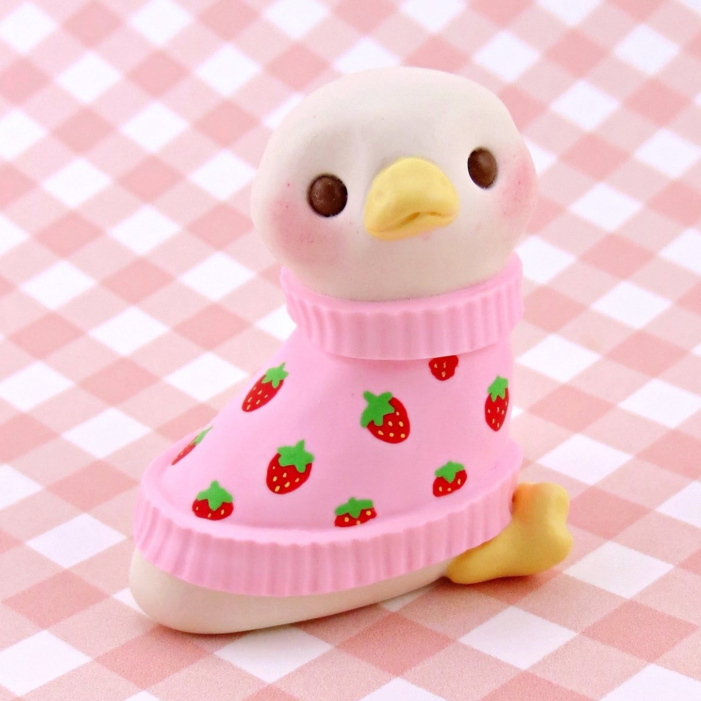 Maisie the Goose in a Strawberry Sweater Figurine - Polymer Clay Spring Collection