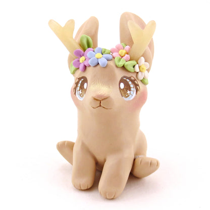 Blonde Flowery Jackalope Figurine - Polymer Clay Animals Fairytale Spring Collection