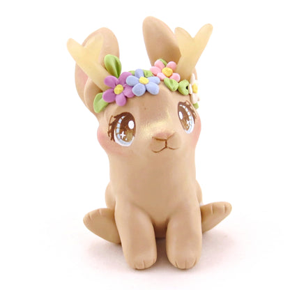 Blonde Flowery Jackalope Figurine - Polymer Clay Animals Fairytale Spring Collection