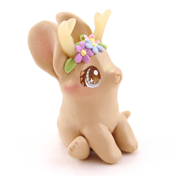 Blonde Flowery Jackalope Figurine - Polymer Clay Animals Fairytale Spring Collection