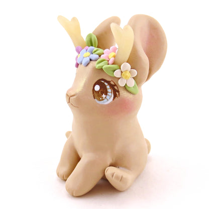 Blonde Flowery Jackalope Figurine - Polymer Clay Animals Fairytale Spring Collection