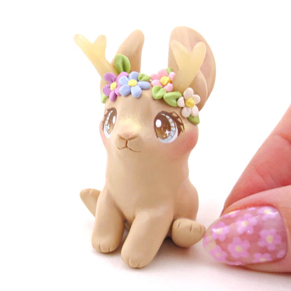 Blonde Flowery Jackalope Figurine - Polymer Clay Animals Fairytale Spring Collection