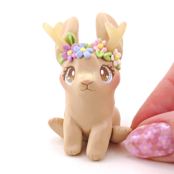 Blonde Flowery Jackalope Figurine - Polymer Clay Animals Fairytale Spring Collection