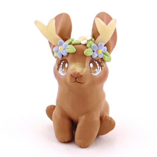 Brown Flowery Jackalope Figurine - Polymer Clay Animals Fairytale Spring Collection