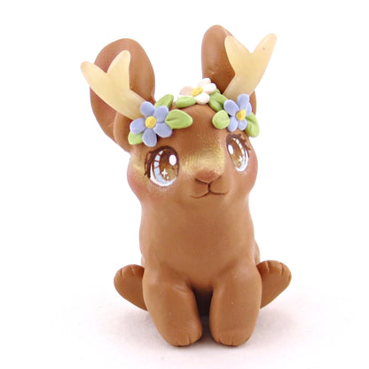 Brown Flowery Jackalope Figurine - Polymer Clay Animals Fairytale Spring Collection