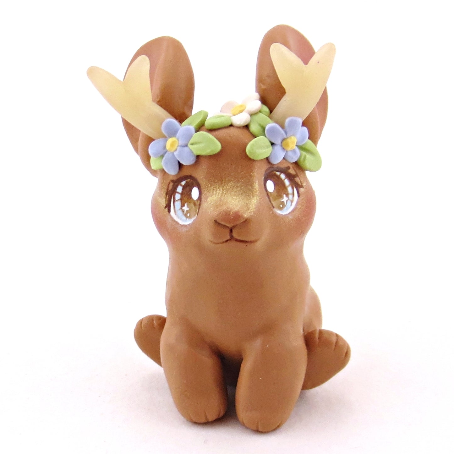 Brown Flowery Jackalope Figurine - Polymer Clay Animals Fairytale Spring Collection