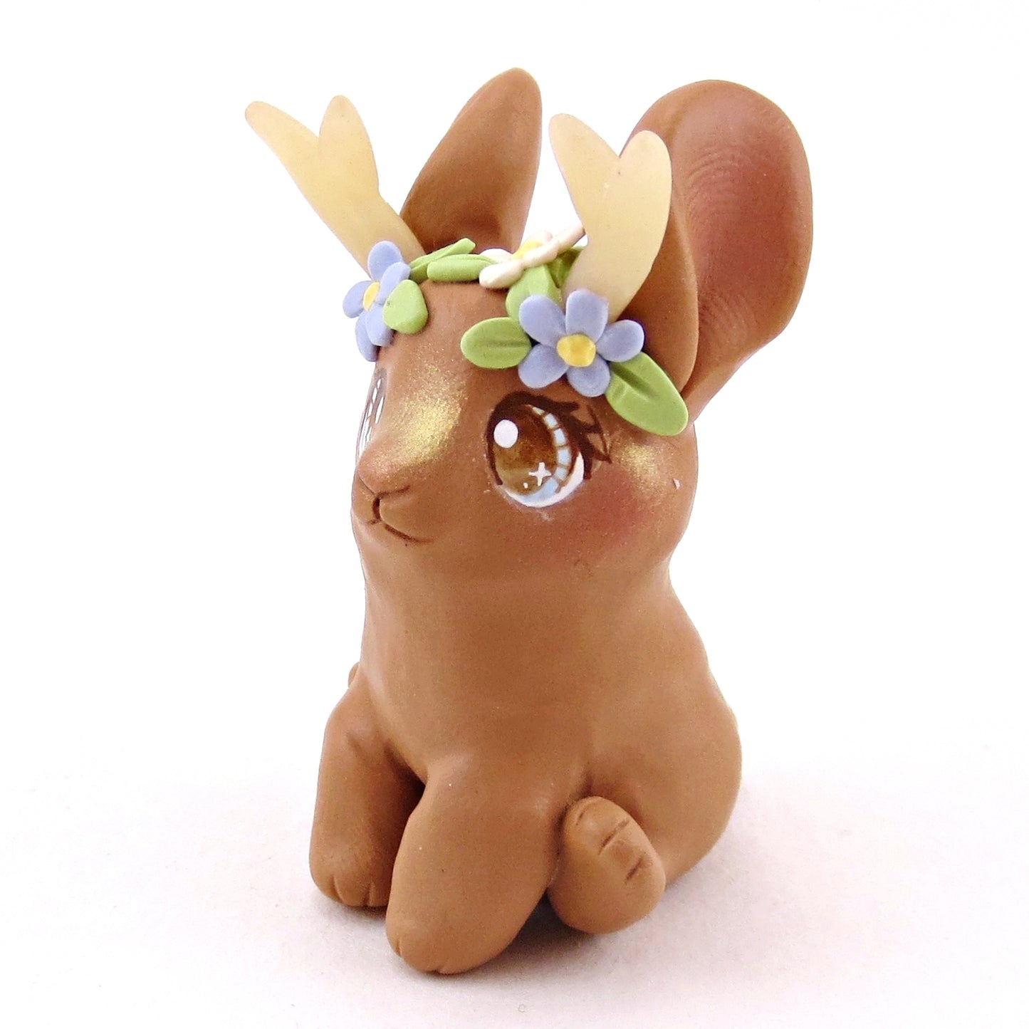 Brown Flowery Jackalope Figurine - Polymer Clay Animals Fairytale Spring Collection