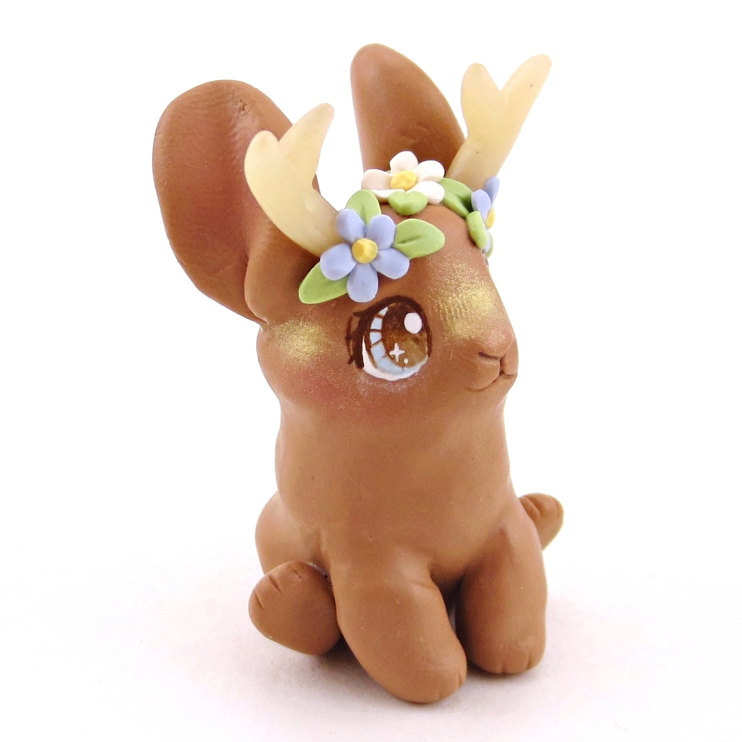 Brown Flowery Jackalope Figurine - Polymer Clay Animals Fairytale Spring Collection