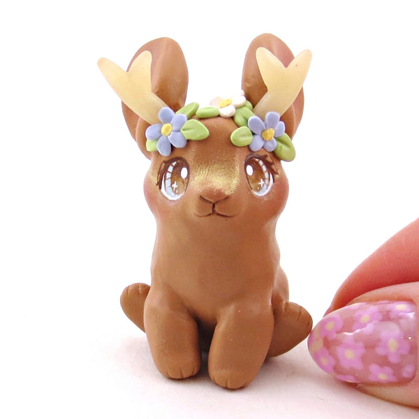 Brown Flowery Jackalope Figurine - Polymer Clay Animals Fairytale Spring Collection