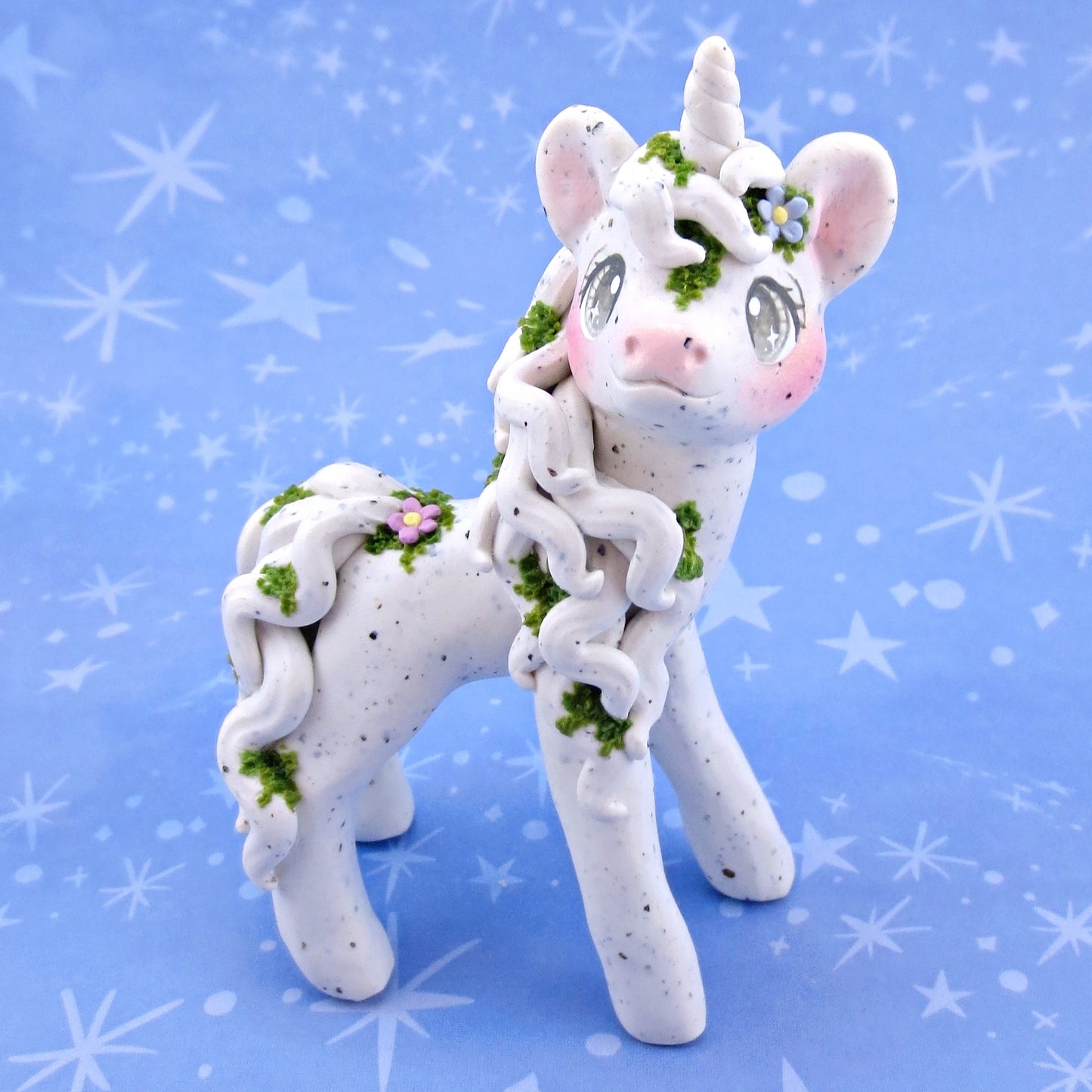 "White Granite" Mossy Gargoyle Unicorn Figurine - Polymer Clay Animals Fairytale Spring Collection