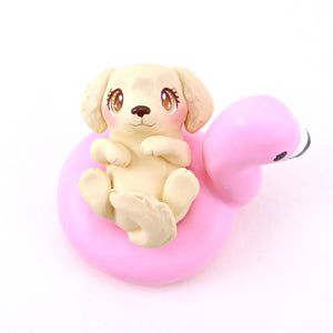 Golden Retriever Puppy Dog in a Flamingo Floatie Figurine - Polymer Clay Animals Pool Party Collection