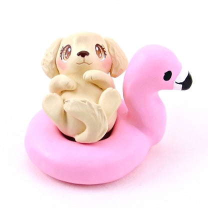 Golden Retriever Puppy Dog in a Flamingo Floatie Figurine - Polymer Clay Animals Pool Party Collection