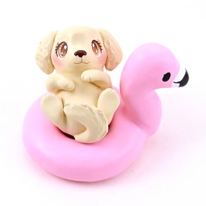 Golden Retriever Puppy Dog in a Flamingo Floatie Figurine - Polymer Clay Animals Pool Party Collection