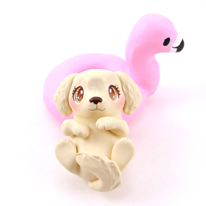 Golden Retriever Puppy Dog in a Flamingo Floatie Figurine - Polymer Clay Animals Pool Party Collection