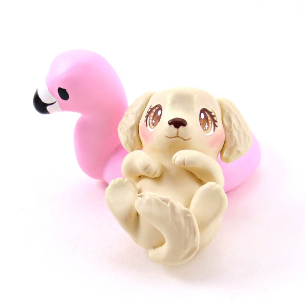 Golden Retriever Puppy Dog in a Flamingo Floatie Figurine - Polymer Clay Animals Pool Party Collection