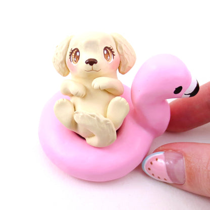 Golden Retriever Puppy Dog in a Flamingo Floatie Figurine - Polymer Clay Animals Pool Party Collection