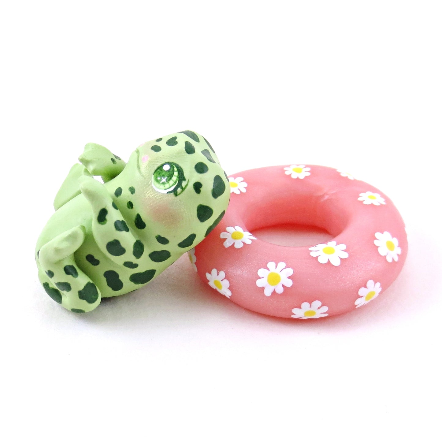 Frog in a Daisy Floatie Figurine - Polymer Clay Animals Pool Party Collection