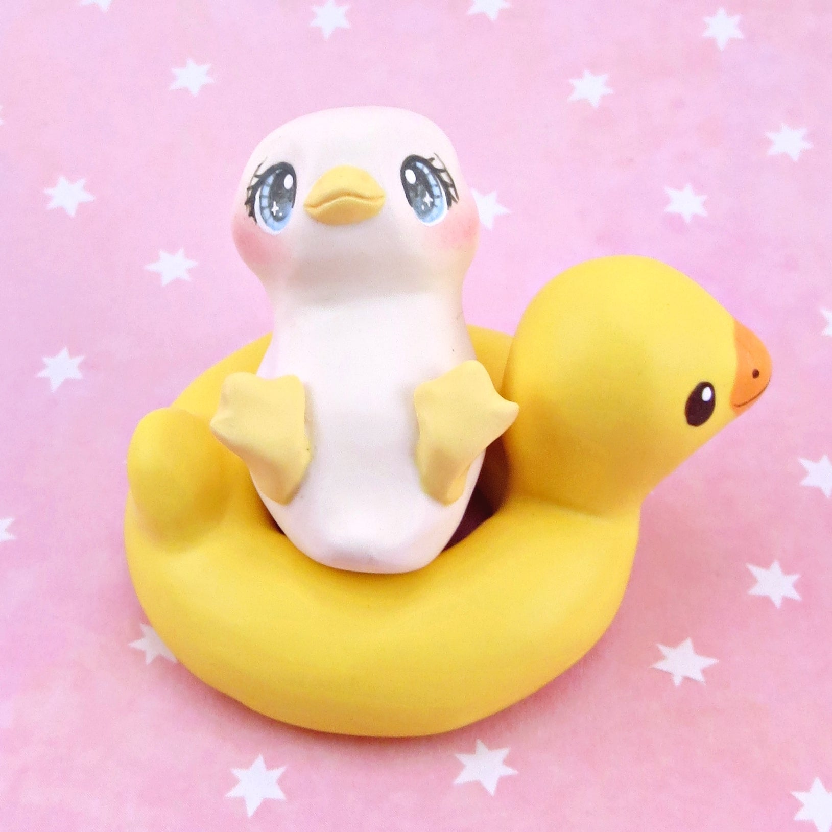 Duck in a Rubber Duck Floatie Figurine - Polymer Clay Animals Pool Party Collection